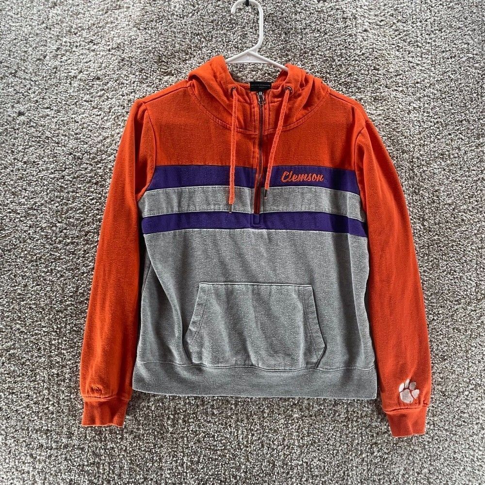 Clemson Tigers Hoodie Sweatshirt Womens Small Orange Grey Pullover Football Logo